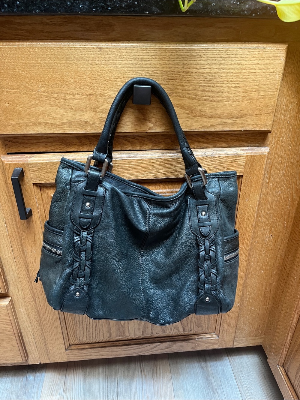 Kenneth Cole New York Black Pebble Leather Shoulder Bag with Braided Trim - Picture 4 of 9